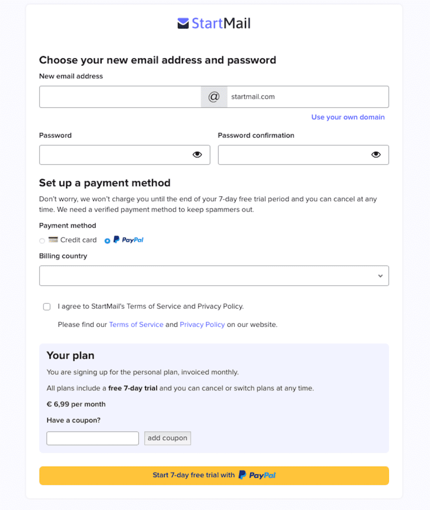 Création d'une nouvelle adresse email StartMail
