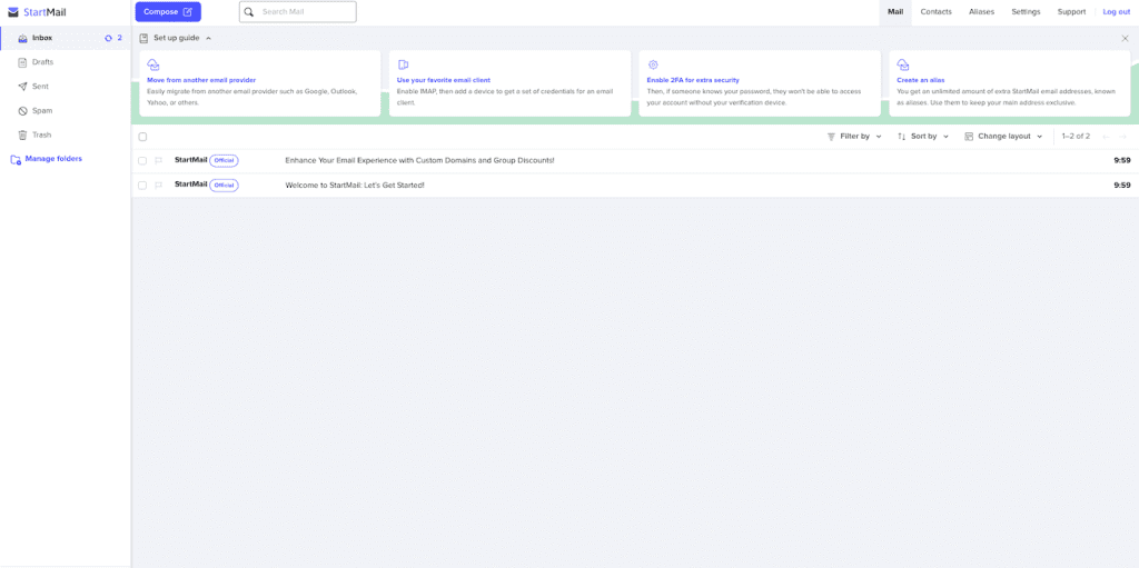Interface épurée de la boîte de réception